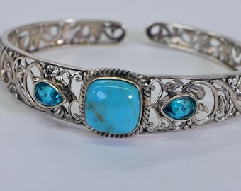 Cuff Turquoise Kingman  Blue Apatite  Bracelet Sterling Silver Bezel Setting Multi stone Gemstone Bracelet Fancy Filigree Cuff Bracelet