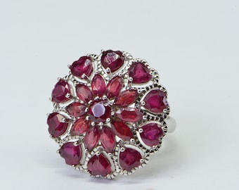 Natural Ruby Large Flower Design Sterling Silver Cocktail Ring  9 size
