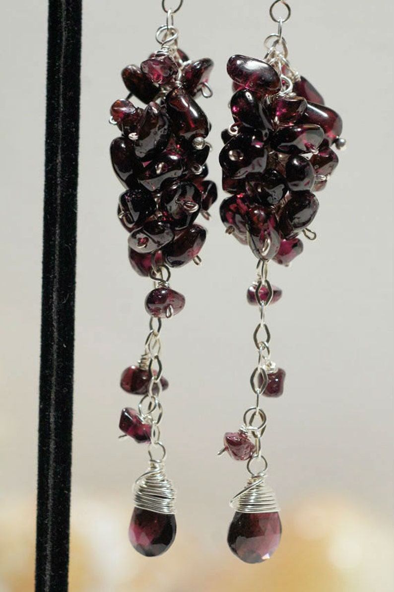Garnet Red Earrings Long Cluster Earrings Natural Garnet On Sterling silver Birthstone For January Gemstone Earrings image 2