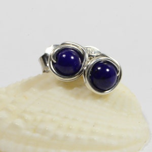 Lapis Lazuli Studs Earrings Tiny Post Earrings Gemstone Earrings Wire Wrapped Post Earrings Birthstone Jewelry image 1