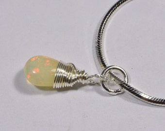 Ethiopian Opal Necklace - Sterling Silver Wire Wrapped Teardrop Pendant