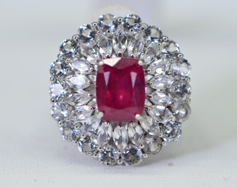 Natural Ruby Marquise Halo Style Ring Sterling Silver Cocktail Ring Birthstone Ruby Cluster Ring