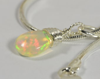 Ethiopian Opal Necklace: Sterling Silver Wire Wrapped Teardrop Pendant