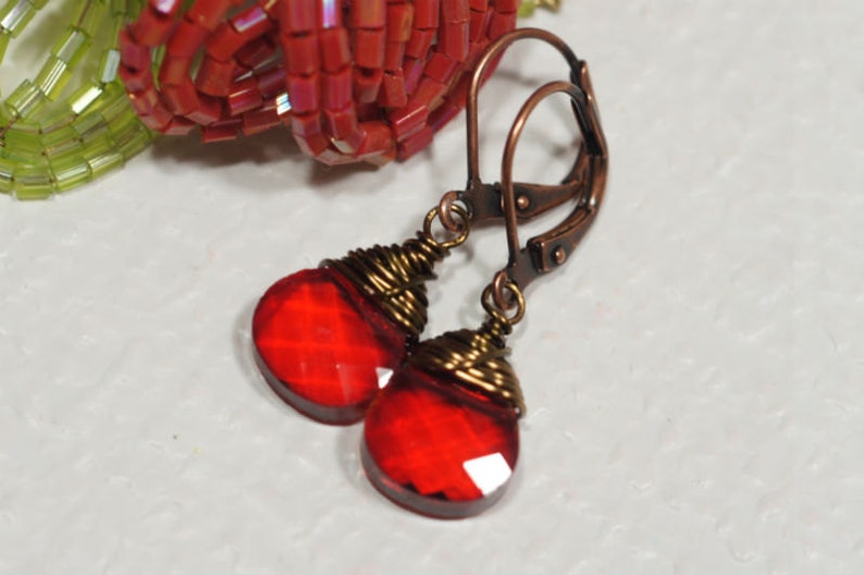 Glass Drop Earrings Red Briolette Earrings Copper Earrings image 2