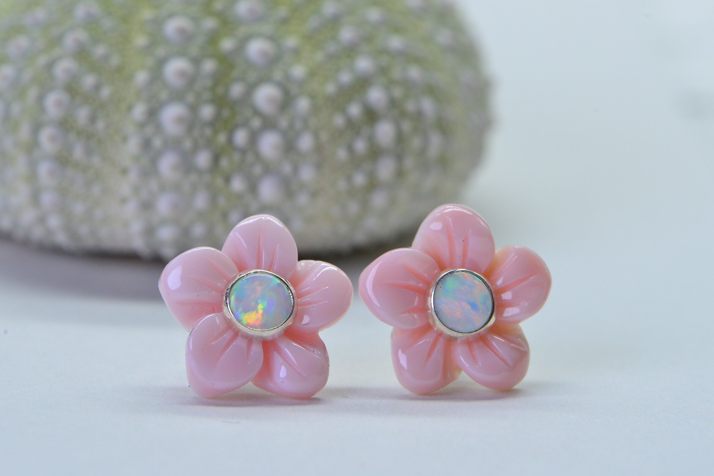 Queen Conch Pink Rose Earrings: Carved Floral Opal Sterling Silver