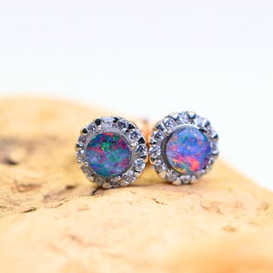 14K Solid Gold Australian Black Opal Stud Screw Back Earrings