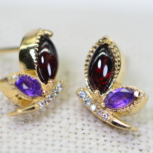 Natural Garnet Amethyst Butterfly Stud Earrings 14K Gold Vermeil Gift For Women Multi Stone Butterfly Stud Earrings