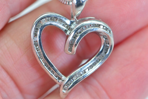 Vintage Genuine Diamond Heart Pendant 14K white g… - image 7