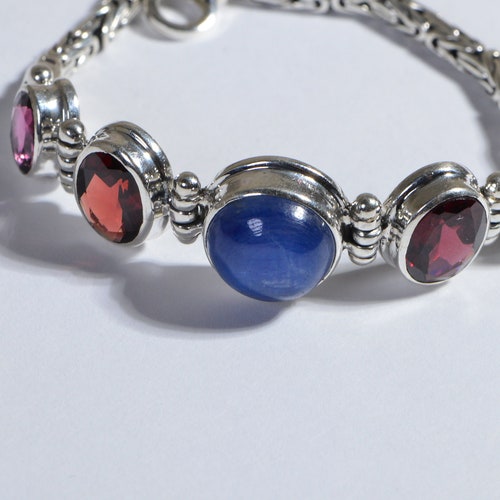 Rhodolite Garnet Blue Kyanite Multi shops stone Bracelet Byzantine Chain Bezel Setting Sterling Silver