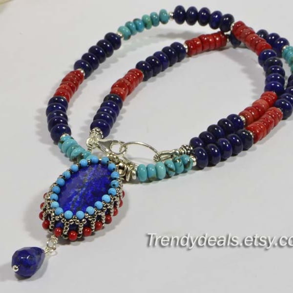 Coral & Lapis Lazuli Necklace, Lapis and Coral Beaded Necklace Lapis Lazuli Necklace Gift Idea tibetan necklace