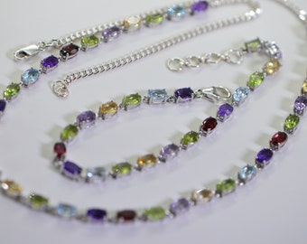 Natural  Garnet Amethyst Peridot Citrine Aquamarine Necklace Bracelet Set Sterling Silver Multi Gemstone Rainbow Chain