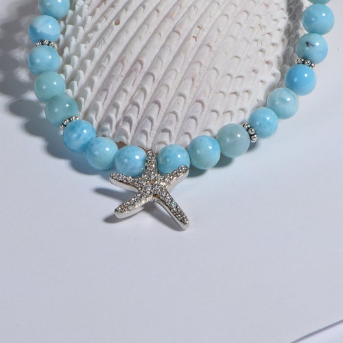 Genuine Dominican Larimar Bracelet Diamond shops Accent Sea Star Sterling Silver Stretch Beaded Gemstone Yoga Gift healing stone Zen Bracelet