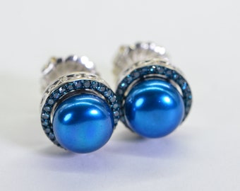 Natural Blue Diamond and Freshwater Pearl Halo Style Deep Blue Stud Earrings Blue Pearl Studs 14K White Gold over Sterling Silver