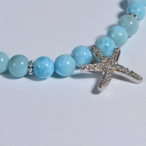 Genuine Dominican Larimar Bracelet Diamond shops Accent Sea Star Sterling Silver Stretch Beaded Gemstone Yoga Gift healing stone Zen Bracelet