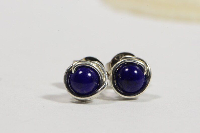 Lapis Lazuli Studs Earrings Tiny Post Earrings Gemstone Earrings Wire Wrapped Post Earrings Birthstone Jewelry image 5