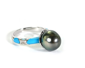 12mm Tahitian Black Pearl and Turquoise Sleeping Beauty Inlay  Sterling Silver Ring Fancy Basket Ring