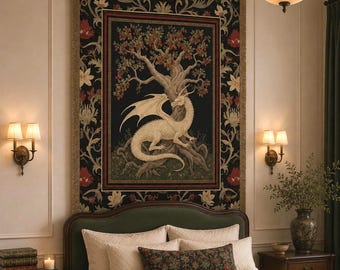 Dragon Medieval Tapestry, Botanical Folklore Large Tapestry Gothic Fantasy Throw Blanket, Antique Nature Woven Wall Hanging Whimsigoth Decor