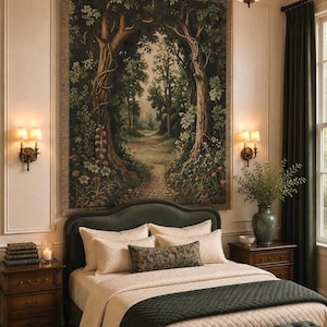 May include: A large rectangular wall tapestry featuring a woven forest scene with tall trees, a stone path, and wildflowers. The tapestry is hung on a dark metal rod with rings above a bed with cream-coloured bedding and a dark green quilted runner.