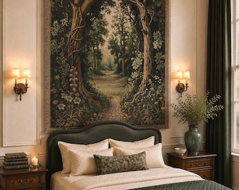 Enchanted Forest Tapestry, Botanical Woven Wall Hanging, Floral Nature Tapestry Blanket, Woodland Textile Wall Art, Magic Cottagecore Decor