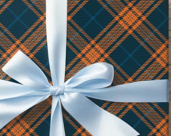 Orange & Blue Plaid Wrapping Paper, Tartan Gift Wrap, Fall Boo Basket Packaging, Birthday Wrapping Paper Roll, Retro Halloween Party Wrap