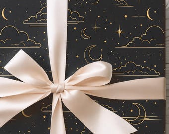 Black Celestial Wrapping Paper, Halloween Gift Wrap with Gold Moons & Stars, Witchy Gothic Boo Basket Gift Packaging, Spooky Dark Party Wrap