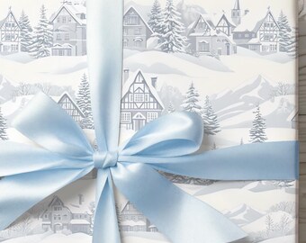 Vintage Christmas Wrapping Paper, Snowy Winter Village Gift Wrap, Cottagecore Rustic Holiday Packaging, White & Grey Elegant Seasonal Wrap