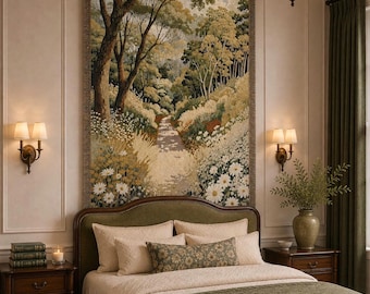 Cottagecore Forest Tapestry, Botanical Landscape Woven Wall Hanging, Neutral Woodland Large Tapestry Blanket, Green Floral Textile Wall Art