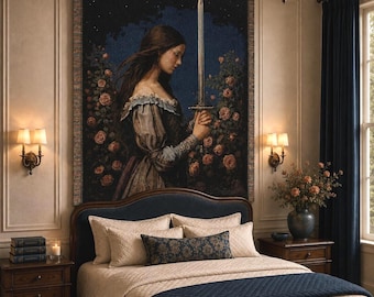 Lady with Sword Medieval Tapestry, Knightcore Woven Wall Hanging, Floral Gothic Heroine Textile Wall Art, Dark Academia Fantasy Book Blanket