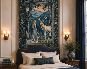 Tapiz medieval de la Diosa de la Montaña, Tapiz grande de Bosque Etéreo, Manta de fantasía estilo Cottagecore, Tapiz de pared tejido con folclore del bosque