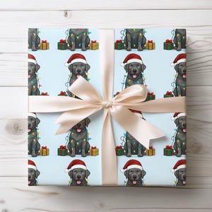 Silver Lab Christmas Wrapping Paper, Cute Grey Dog Gift Wrap with Santa Hat & Lights, Holiday Pet Lover Packaging, Puppy Present Wrap