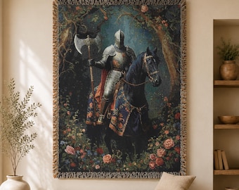 Knight Medieval Tapestry, Forest Large Tapestry, Fantasy Book Throw Blanket, Dark Academia Woven Wall Hanging, Knight Decor Textile Wall Art