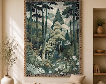 Botanical Forest Tapestry, Ethereal Nature Large Tapestry Cottagecore Throw Blanket, Woodland Folklore Woven Wall Hanging William Morris Art