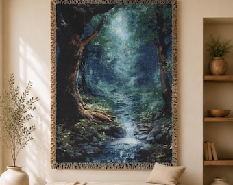 Forest Tapestry, Enchanted Misty Woodland Woven Wall Hanging, Forestcore Landscape Large Tapestry, Nature Lover Botanical Textile Wall Art