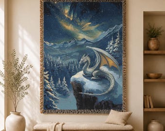 Tapeçaria Fantasia Dragão da Neve, Tapeçaria Grande Conto de Fadas de Inverno, Tapeçaria de Parede Tecida com Tema de Montanha, Cobertor Dragão da Floresta, Arte de Parede Têxtil Medieval