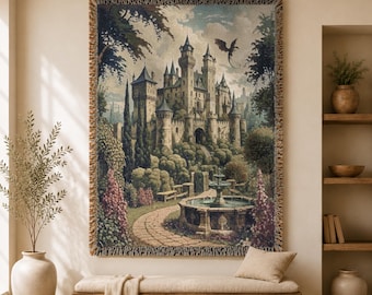 Medieval Tapestry, Castle Garden Large Tapestry, Woven Wall Hanging Dragon Blanket, Castlecore Gothic Medieval Decor, Antique Textile Art