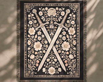 Medieval Tapestry Woven Sword Blanket, Large Wall Tapestry Hanging, Antique Castlecore Floral Swords Tapestry, Gothic Medieval Knight Decor