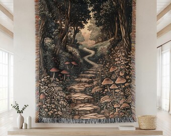 Tapiz de Bosque Encantado, tapiz botánico tejido, manta de hongos, decoración cottagecore oscura, tapiz textil de naturaleza boscosa.