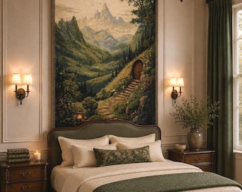 May include: A large rectangular wall tapestry featuring a detailed landscape painting of a mountain range, a winding stone path, and a round wooden door set into a hillside. The tapestry is hung on a black rod above a bed with cream and green bedding.