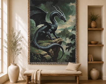 Medieval Dragon Tapestry, Black Dragon Woven Wall Hanging, Castlecore Gothic Medieval Decor, Fantasy Dragon Blanket, Nature Large Tapestry