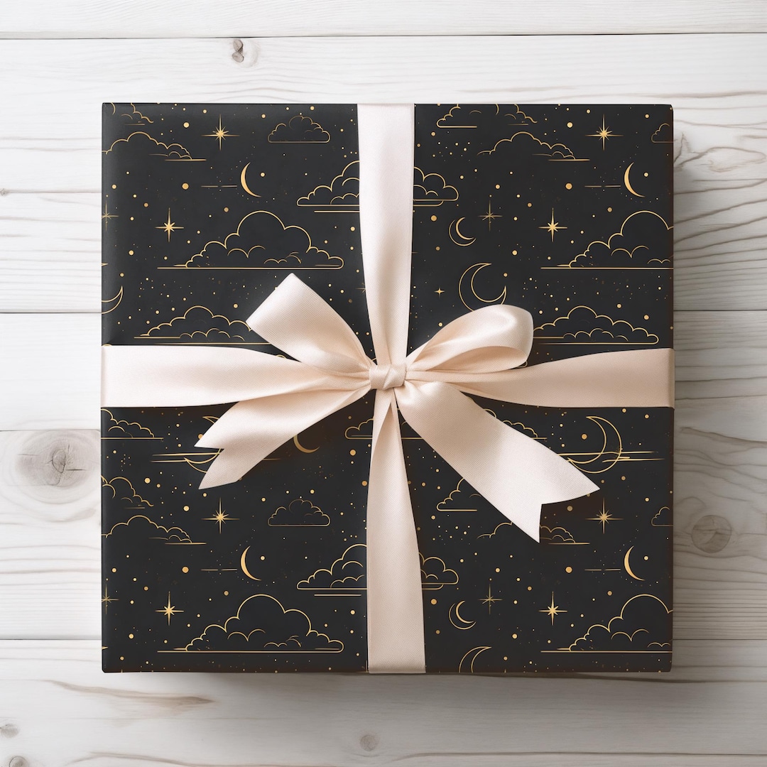 Black Celestial Wrapping Paper, Halloween Gift Wrap With Gold Moons ...