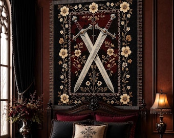 Medieval Tapestry Sword Woven Blanket, Floral Gothic Large Tapestry, Castlecore Throw Antique Wall Hanging, Knight Decor Textile Wall Art