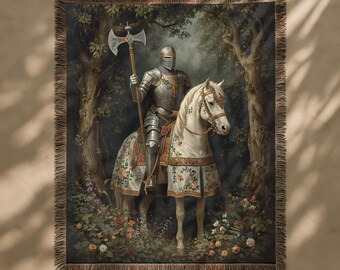 Medieval Knight Tapestry, Floral Forest Large Tapestry, Fantasy Book Blanket, Dark Fairytale Throw, Woven Wall Hanging, Gothic Textile Art