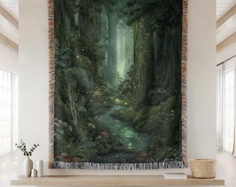 Enchanted Forest Tapestry, Green Botanical Woven Blanket, Dark Fairycore Woven Wall Hanging, Landscape Nature Tapestry, William Morris Art