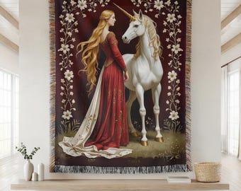 Tapisserie de la Dame à la licorne, tapisserie médiévale, tenture murale tissée fantastique, couverture de fleurs antique, art mural textile floral, décoration médiévale