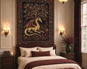 Medieval Tapestry, Botanical Dragon Blanket, Vintage Folklore Woven Wall Hanging, Gothic Medieval Decor Dark Fantasy Floral Textile Wall Art