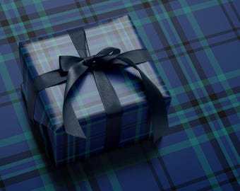 Blue & Green Plaid Gift Wrap, Vintage Christmas Wrapping Paper, Elegant Holiday Gift Packaging, Navy Green Tartan Paper, Rustic Xmas Wrap