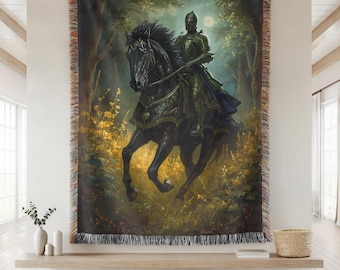 Mittelalterlicher Wandbehang, Grüner Ritter Großer Wandteppich, Arthurian Legende Textile Wandkunst, Knightcore Gewebte Wandbehang Antike Gotische Decke Geschenk