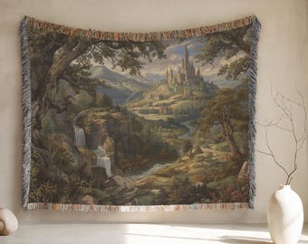 Castlecore Fantasy Tapestry, Medieval Nature Woven Blanket, Forest Woven Wall Hanging, Landscape  Medieval Tapestry, Knightcore Textile Art