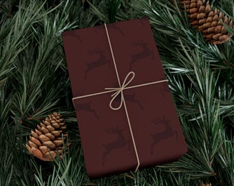 Burgundy Reindeer Wrapping Paper, Vintage Christmas Wrapping Paper, Elegant Holiday Packaging, Dark Red Deer Gift Wrap, Maroon Xmas Paper