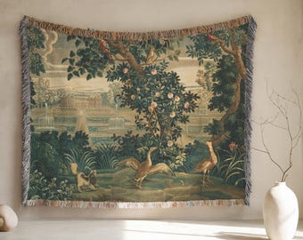 French Tapestry, Verdure Château and Garden Woven Wall Hanging, French Country Landscape Antique Tapestry, European Nature Textile Wall Art